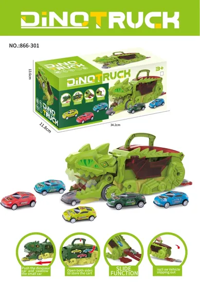 Swallowed Dinosaur with 3PCS Diecast Car Plus One Sticker Two Modes at Will Dinasaur Truck Transforms Alloy Car Storage Truck Wonderful Gift for Kids Dual Form 